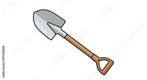 Illustration of a metal garden shovel with a wooden handle on a white background