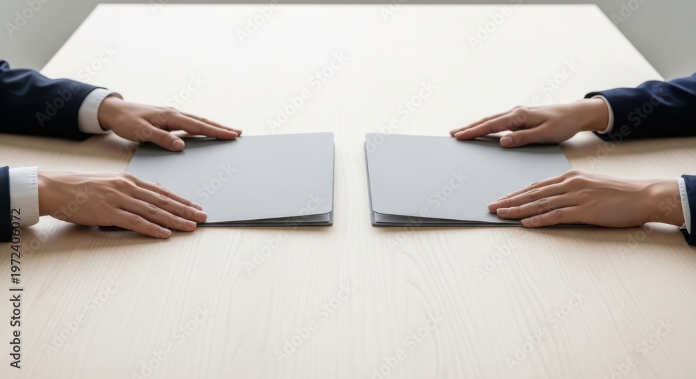 © Khaisan - Contract Negotiations Two Individuals Reviewing Agreements Formal Partnership Formation Corporate Deal Discussions Business Professionals' Strategic Collaboration Reviewing Legal Documents
