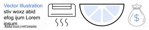 Climate control, nutrition, healthy lifestyle, financial growth, commerce, and savings. Air conditioner, lemon slice and money bag icons. Climate control and nutrition concepts