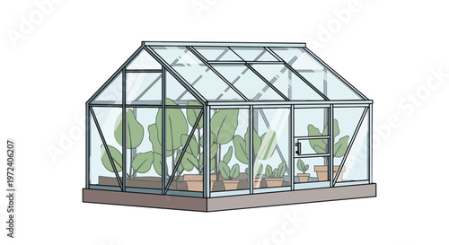 Illustration of a Glass Greenhouse with Potted Plants