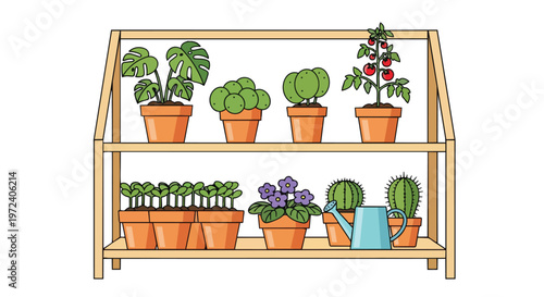 Wooden Shelving Unit with Potted Houseplants and Garden Seedlings