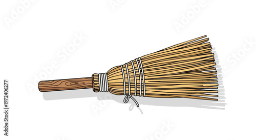 Hand-drawn illustration of a traditional straw broom with a wooden handle