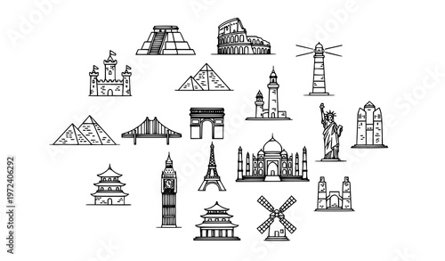 Elegant landmark outline icons set with world monuments and travel architecture premium vector isolated on white