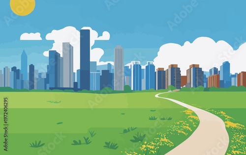 City skyline with tall buildings and a path through a green field in midday light