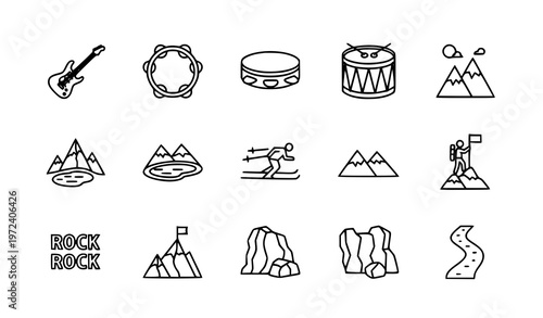 Rock icons set with guitar tambourine mountain and adventure symbols outline vector isolated on white
