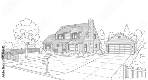 House with garage and trees.