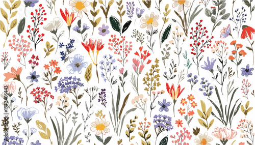 Calm nature-themed illustration with scattered blooms and gentle color palette