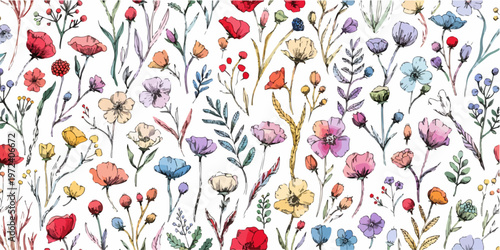 Colorful botanical illustration featuring scattered blossoms and graceful leafy stems