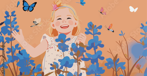 Child enjoys playing with butterflies in a flower field during a bright day in spring