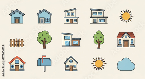 Houses and trees icons set.