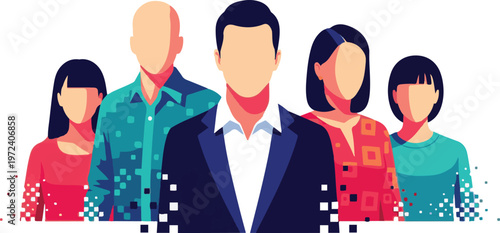 A group of diverse people stand together in a line facing forward.