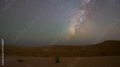 Wide angle lense time lapse of night Stars milky way moving across clear night sky in empty desert sand dune in the winter.