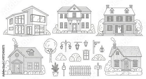 houses and garden illustrations.