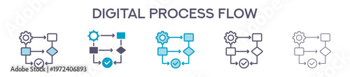 Digital Process Flow Element For Design Graphic - Multi Styles. Vector Illustration Of Two Colored And Black. Multiple Icons Designs Can Be Used For Mobile, Ui, Web 
