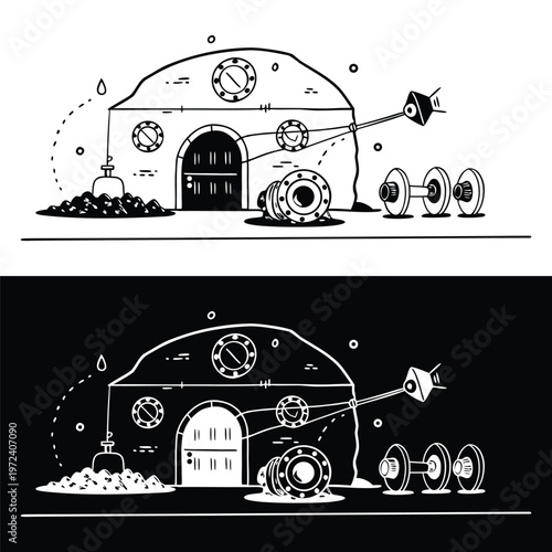 Stylized pixel art illustration showcasing a mysterious futuristic technological bunker or secret laboratory with intricate gears and connecting wires.