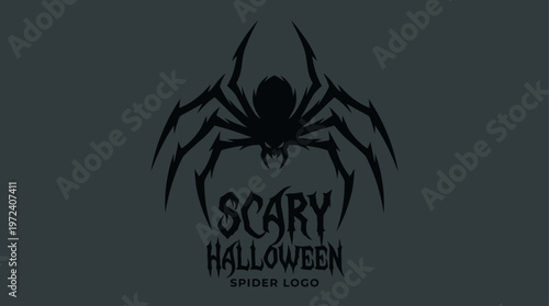 Halloween scene with spider logo and scary text on dark background