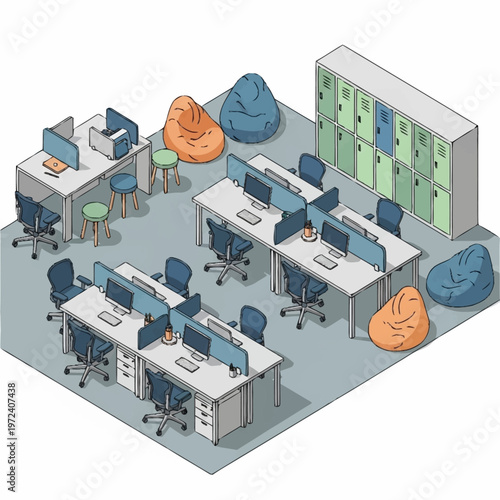 Modern office space with coworking desks.