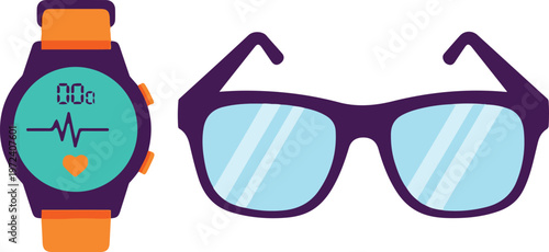 A close-up view of a smartwatch and sunglasses on a white surface