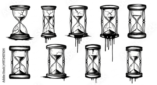 Urban Graffiti Hourglass and Sand Timer Vector Illustration Sheet in Black Ink Grunge Punk Street Art Style