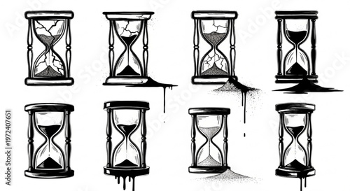 Urban Graffiti Hourglass and Sand Timer Vector Illustration Sheet in Black Ink Grunge Punk Street Art Style