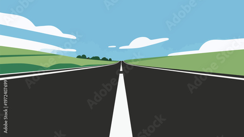 Open road stretches into distance under blue sky with clouds and green fields
