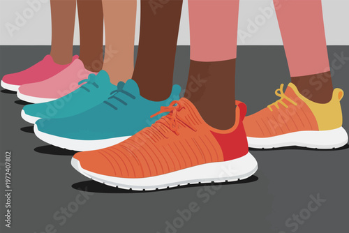 People wearing colorful shoes lined up in a row on a simple background during daytime