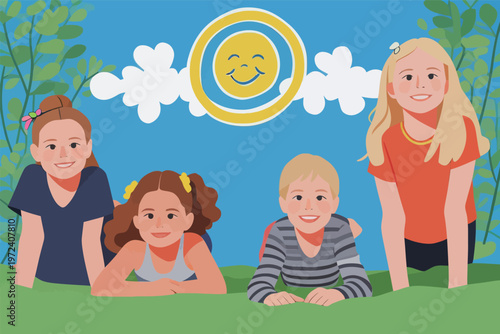 Children having fun outdoors on a sunny day with a bright sky and green grass in a park during summer