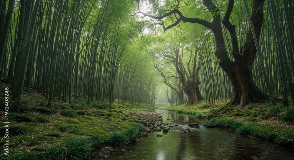 Fototapeta premium Bamboo forest stream landscape
