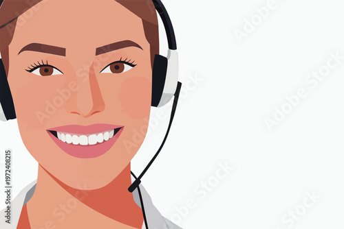 Smiling woman wearing headphones while looking at the camera during a virtual call in a clean space