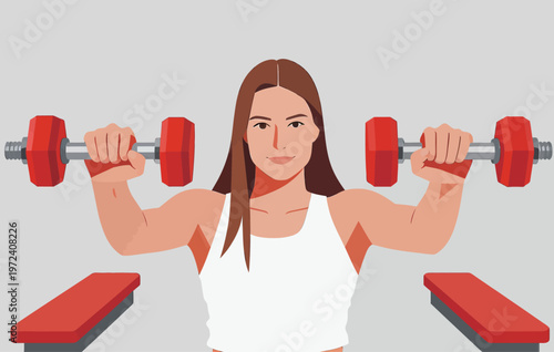 Woman lifts weights in a gym setting while focusing on fitness and strength training during a workout session
