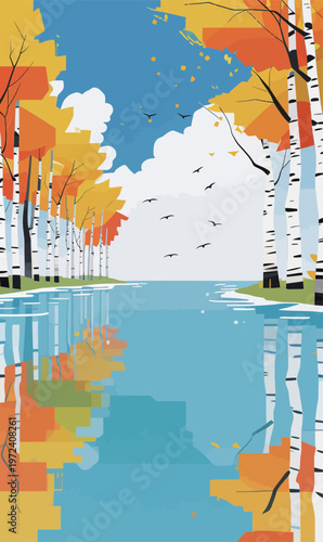 Colorful trees reflect on water under a blue sky with birds flying in the background near a calm lake in autumn