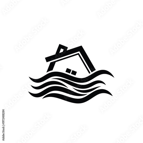 A stark black and white illustration depicts a house partially submerged in turbulent wavy water high quality professional detailed