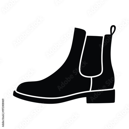 A minimalist black silhouette depicts a single chelsea boot with a classic design and subtle detailing
