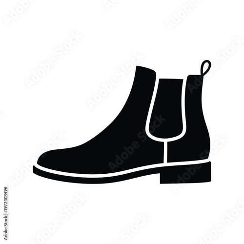A simple black silhouette depicts a classic chelsea boot showcasing its iconic elastic panel design high quality