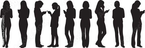 Four male silhouettes stand in a row each exhibiting a different pose with arms positioned uniquely high quality professional