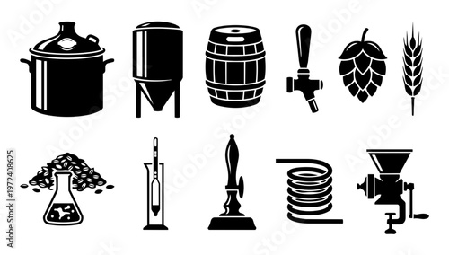 Beer Brewing Process Silhouette Icon Set – Brewery Equipment, Hops, Barley and Craft Beer Production