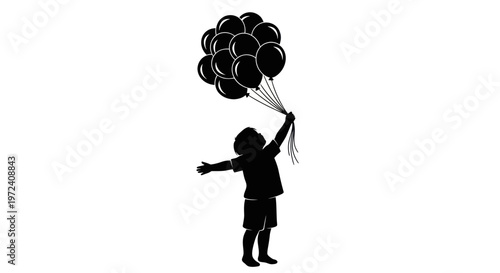 Silhouette of a child holding a bunch of balloons, symbolizing dreams and freedom