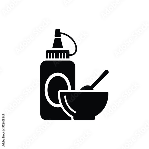 A simple black silhouette depicts a squeeze bottle with a bowl and spoon illustrating condiment use