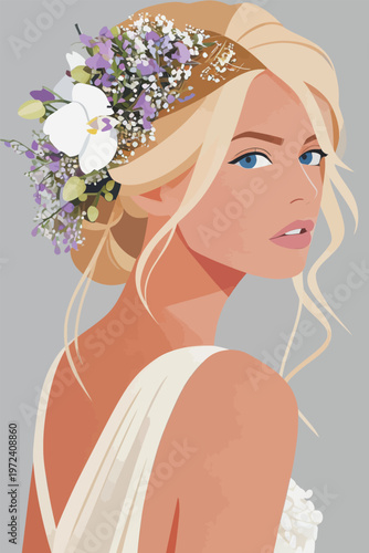 Bride with floral hair accessory poses for portrait in studio setting during daytime