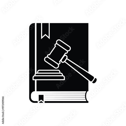 A black silhouette depicts an open law book with a gavel resting on top symbolizing justice