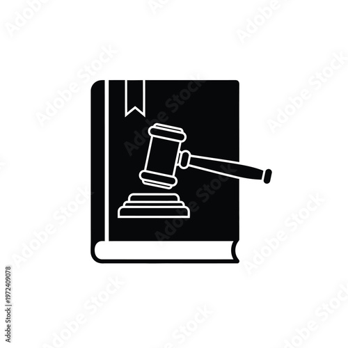 A black silhouette depicts an open law book with a judge s gavel resting on top high quality