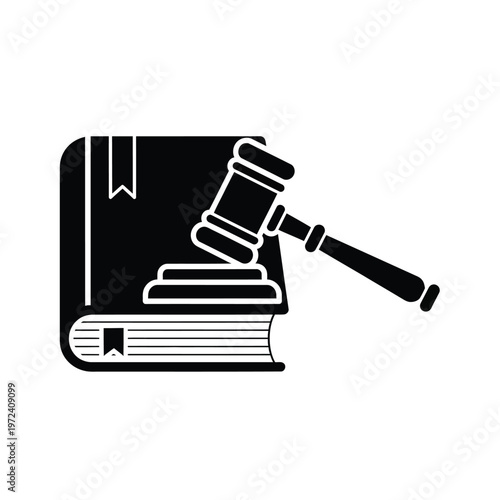 A black and white illustration depicts a law book with a gavel resting upon its pages