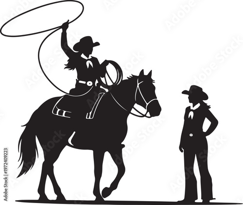 Cowgirl and horse with lasso plus another cowgirl all in silhouette