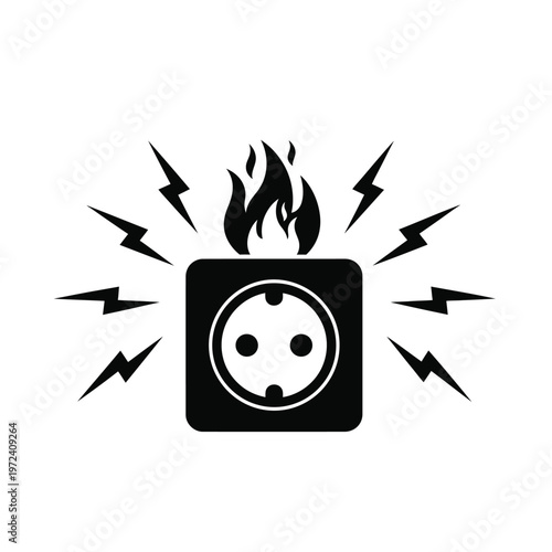 A black and white illustration depicts a dangerous electrical outlet with flames and sparking electricity high quality professional detailed
