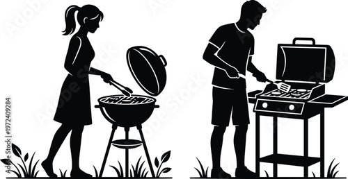 Barbecue grill silhouette, man and woman cooking outdoor BBQ, summer picnic activity, backyard party concept, grilling food vector isolated design