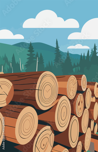 Logs are stacked in a lumber yard near a forest with hills and clouds during daylight hours in a rural area