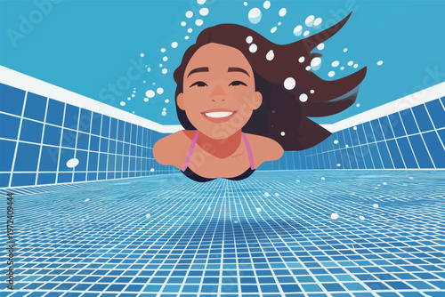 Girl swims in pool while smiling with hair flowing under water on a sunny day