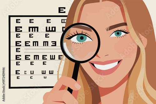 Woman holds magnifying glass while looking at eye chart in a vision testing room during an eye check-up for better eyesight