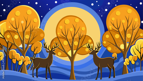 Winter landscape, deer in forest, moonlit scene, vector illustration, snowy woods, wildlife