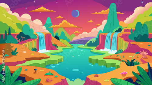 Fantasy landscape, vibrant river, waterfalls, colorful sky, illustration